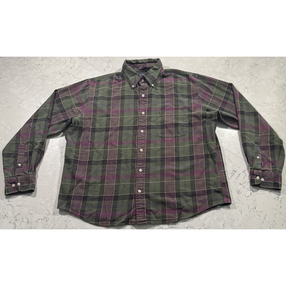 VTG 90s Lands End Button Down Shirt Mens Large 16-16.5 Green Purple Plaid Cotton
